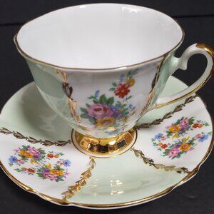 Royal castle cup & saucer panels floral gold leaves fine bone china